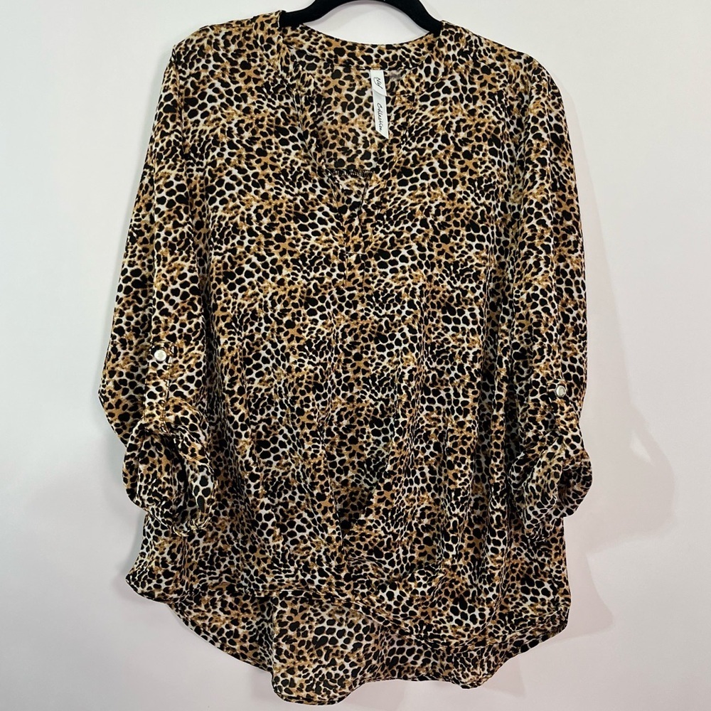 NY Collection Leopard Cheetah Animal Print Top V Neck Gathered Twist Front Sz L